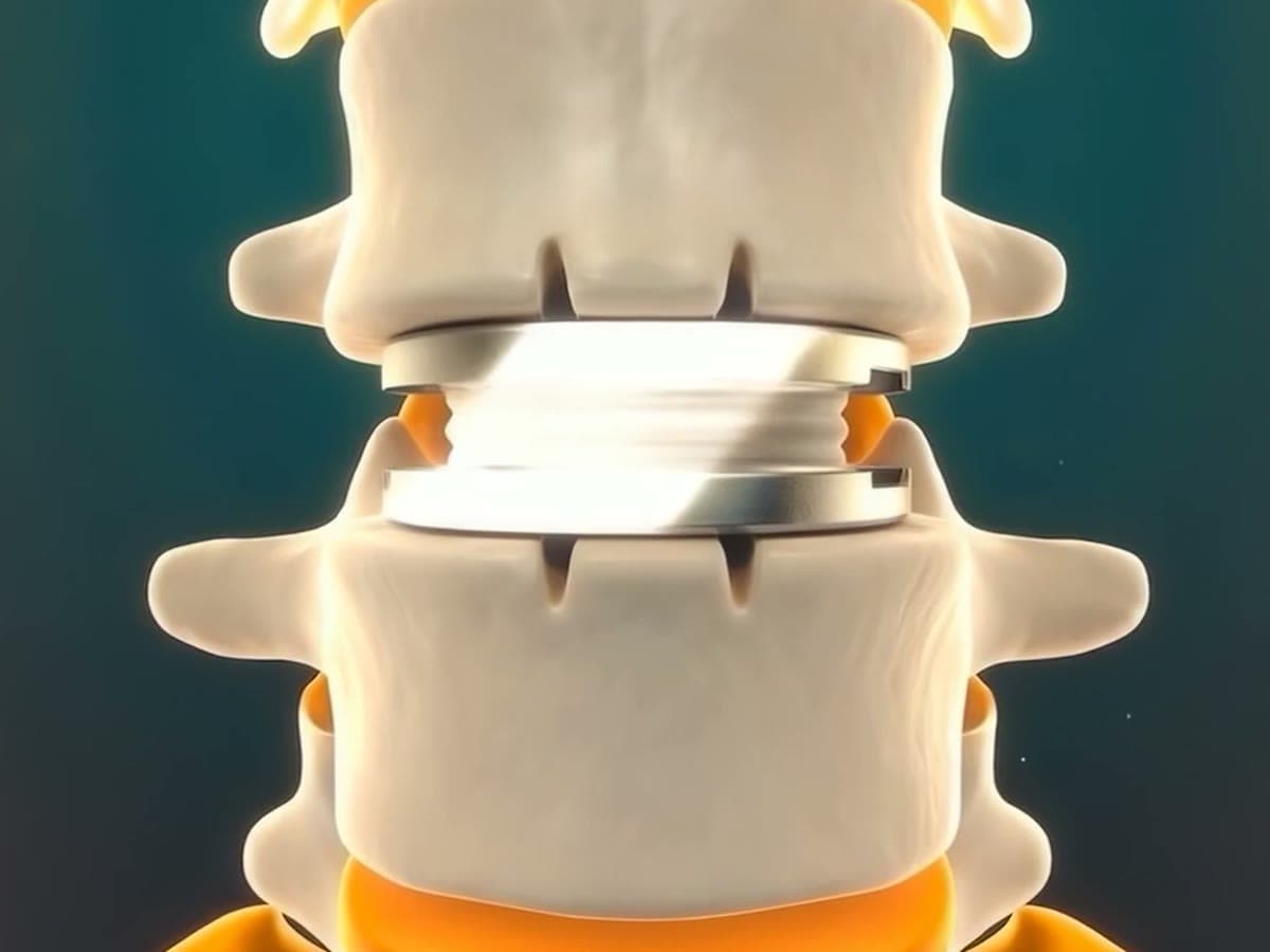 Illustration of an artificial disc implant between two neck vertebrae