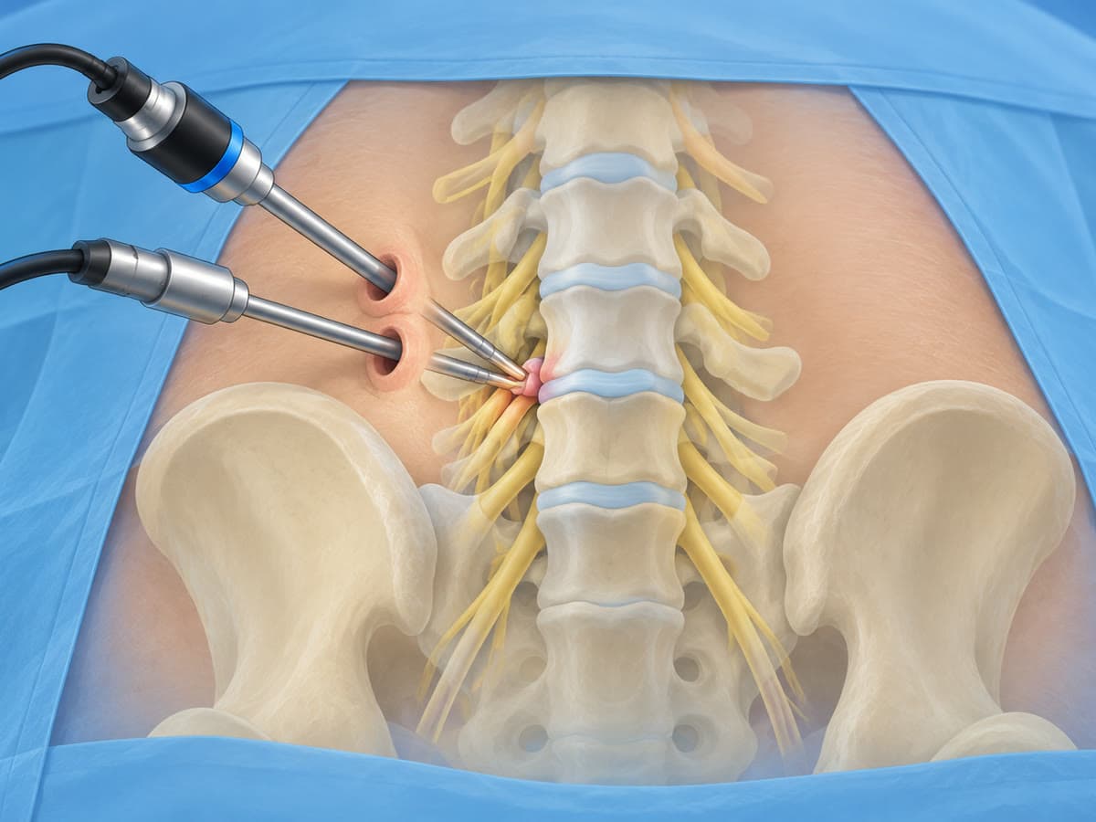 Illustration of biportal endoscopic surgery on the lower back through two small portals