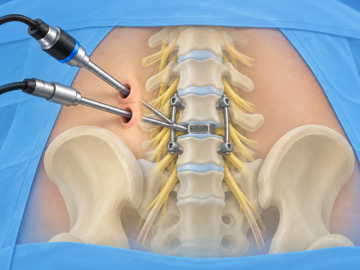 Illustration of endoscopic lumbar fusion with a cage and screws placed through two small portals