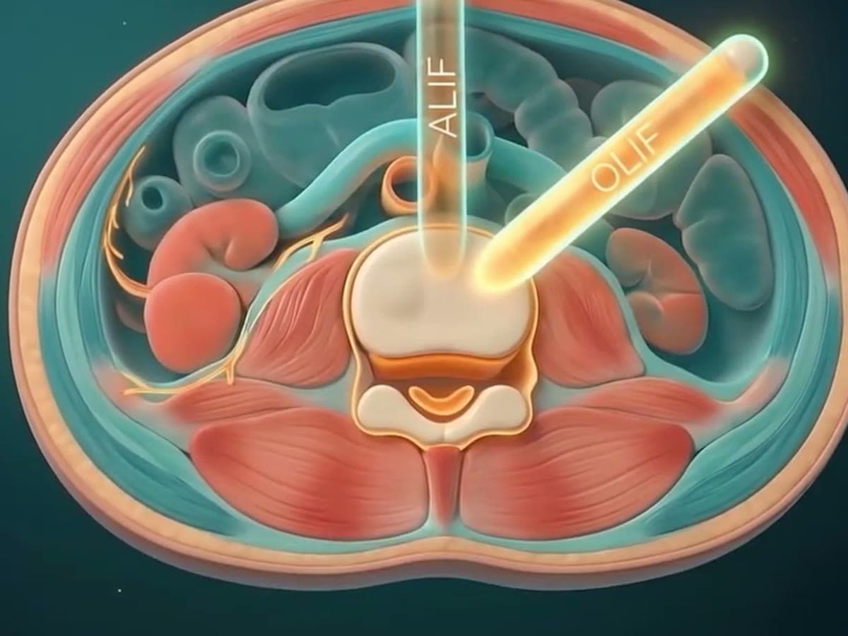 Cross-section illustration showing the surgical path to the spine from the side