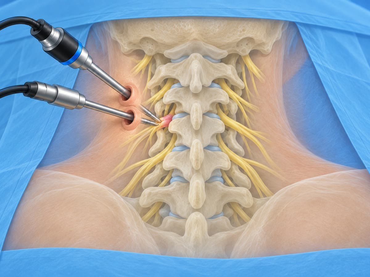 Illustration of biportal endoscopic surgery on the back of the neck through two small portals