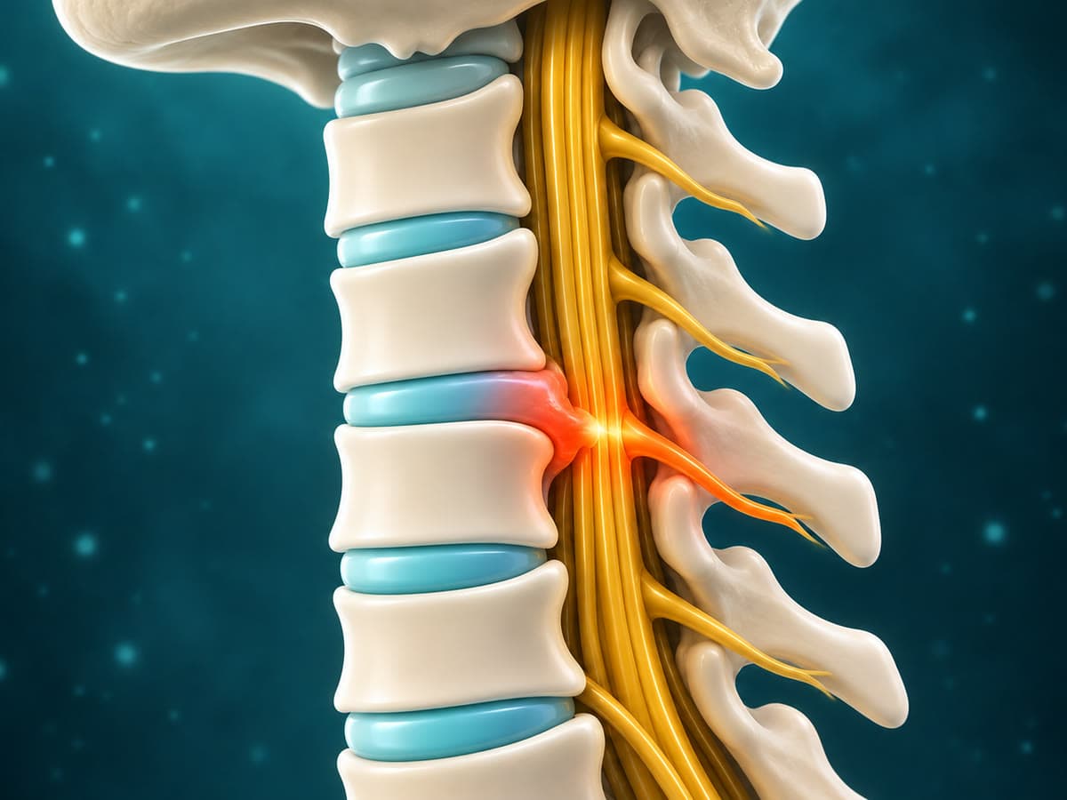 Illustration of the neck from the side with a disc pressing into the spinal canal