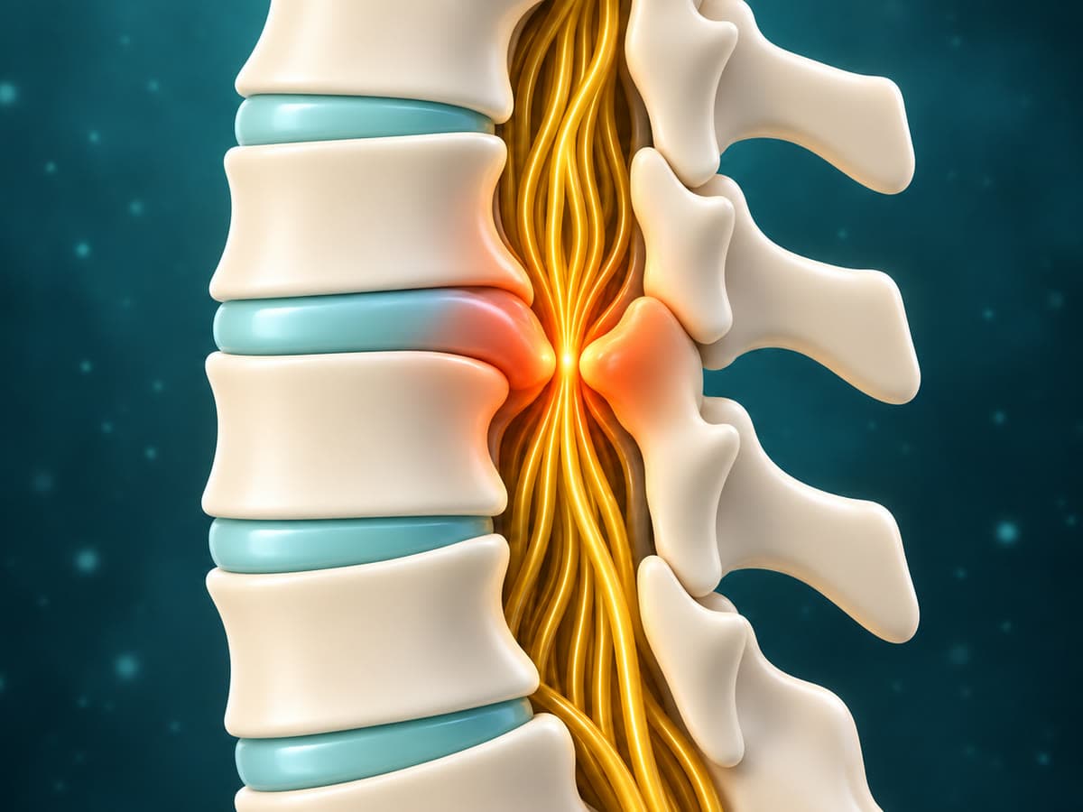 Illustration of the spinal canal narrowed at one level, squeezing the nerves inside